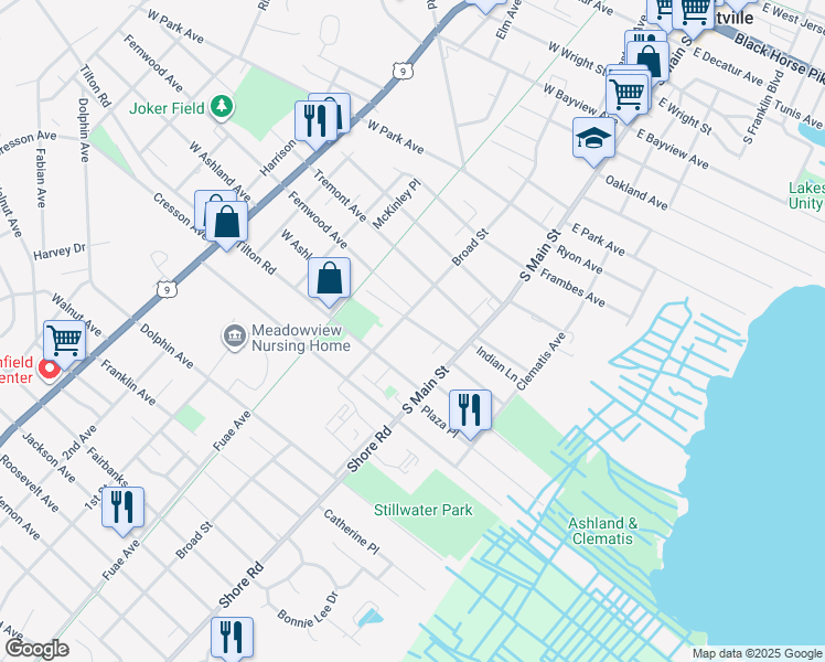 map of restaurants, bars, coffee shops, grocery stores, and more near 1220 Broad Street in Pleasantville