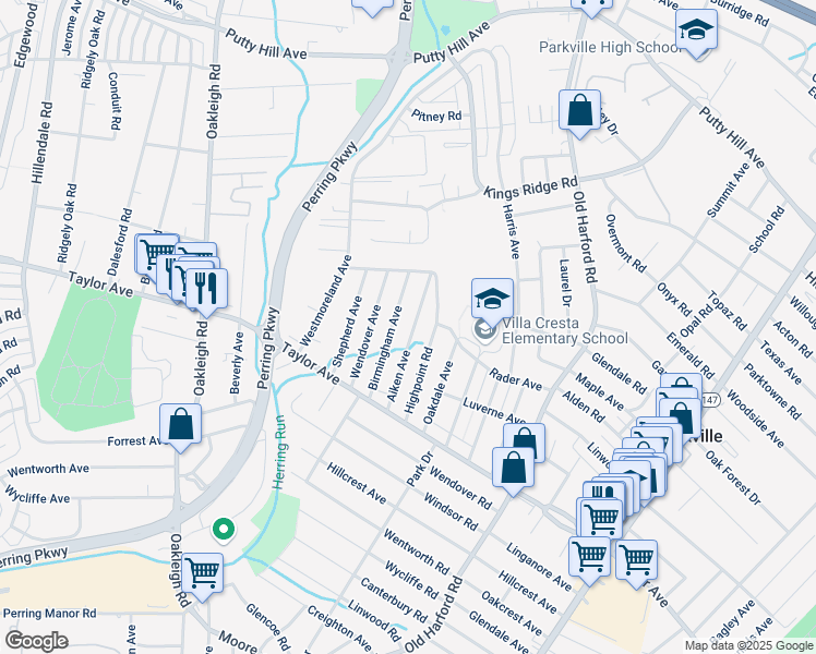 map of restaurants, bars, coffee shops, grocery stores, and more near 7906 Aiken Avenue in Parkville