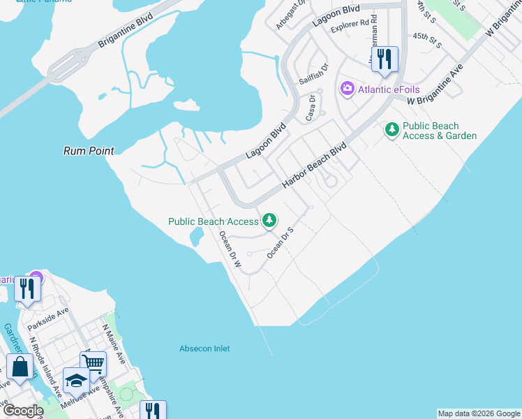 map of restaurants, bars, coffee shops, grocery stores, and more near 5116 Harbor Beach Boulevard in Brigantine