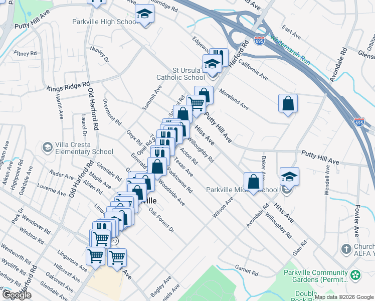 map of restaurants, bars, coffee shops, grocery stores, and more near 3006 Acton Road in Parkville