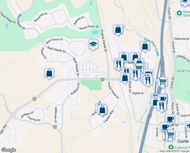map of restaurants, bars, coffee shops, grocery stores, and more near 1718 Cherokee Mountain Place in Castle Rock