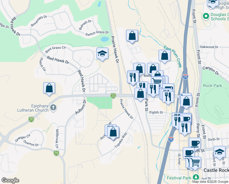 map of restaurants, bars, coffee shops, grocery stores, and more near 1654 Cherokee Mountain Circle in Castle Rock