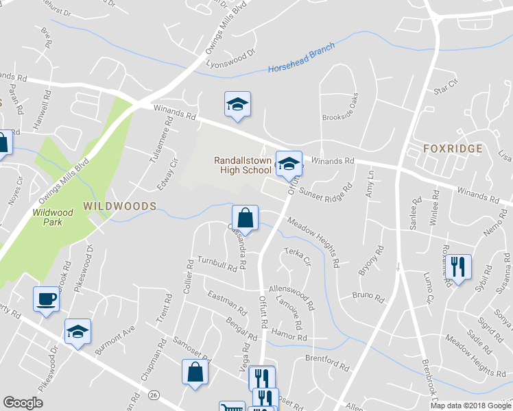 map of restaurants, bars, coffee shops, grocery stores, and more near 9112 Meadow Heights Road in Randallstown
