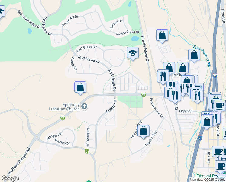 map of restaurants, bars, coffee shops, grocery stores, and more near 751 East Wolfensberger Road in Castle Rock