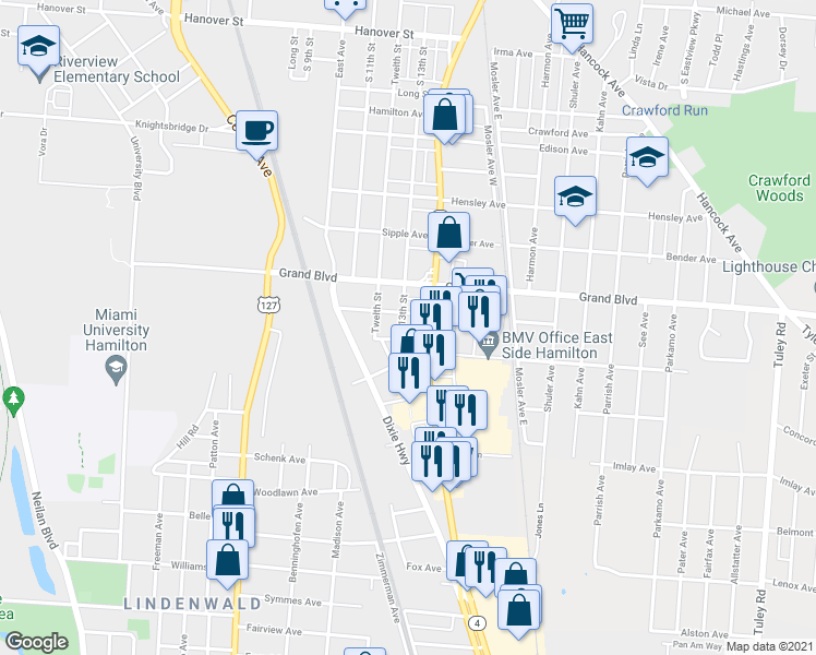 map of restaurants, bars, coffee shops, grocery stores, and more near 1319 Bonacker Avenue in Hamilton