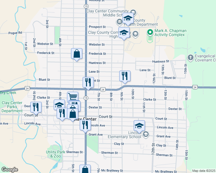 map of restaurants, bars, coffee shops, grocery stores, and more near 700-798 Blunt Street in Clay Center