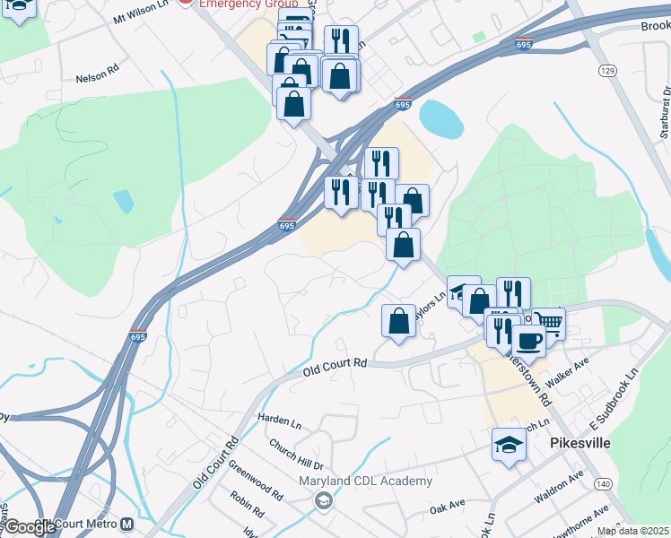 map of restaurants, bars, coffee shops, grocery stores, and more near 1 Pomona West in Pikesville