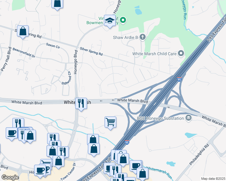 map of restaurants, bars, coffee shops, grocery stores, and more near 8203 Featherhill Road in Perry Hall
