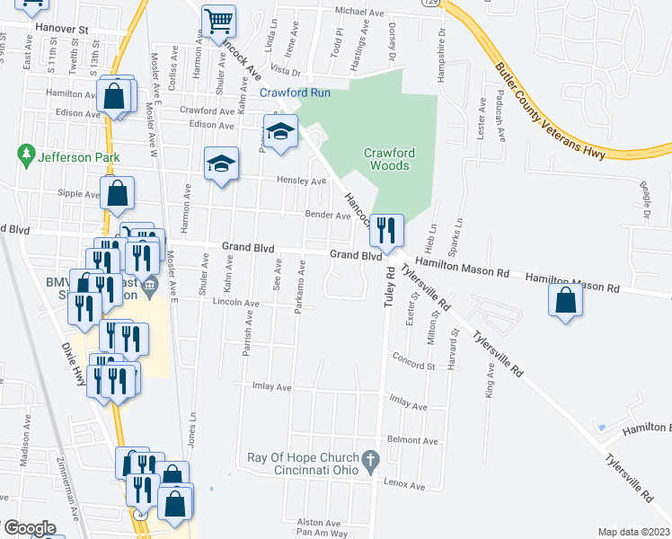 map of restaurants, bars, coffee shops, grocery stores, and more near 4 Van Buren Court in Hamilton
