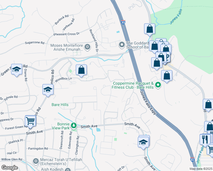 map of restaurants, bars, coffee shops, grocery stores, and more near 16 Ironwood Circle in Baltimore