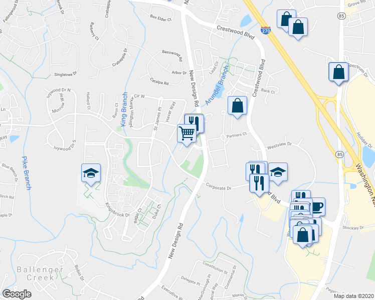 map of restaurants, bars, coffee shops, grocery stores, and more near 5316 New Design Road in Frederick