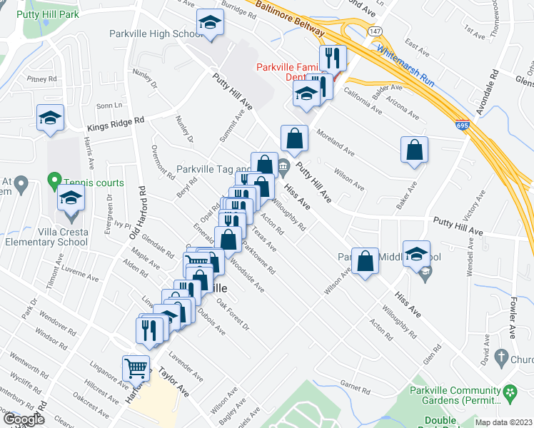 map of restaurants, bars, coffee shops, grocery stores, and more near 3002 Acton Road in Parkville