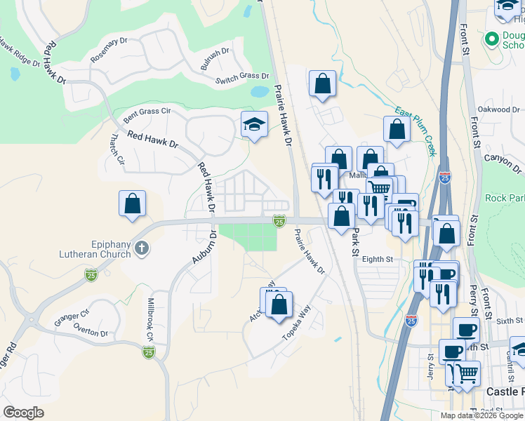 map of restaurants, bars, coffee shops, grocery stores, and more near 1718 Cherokee Mountain Place in Castle Rock