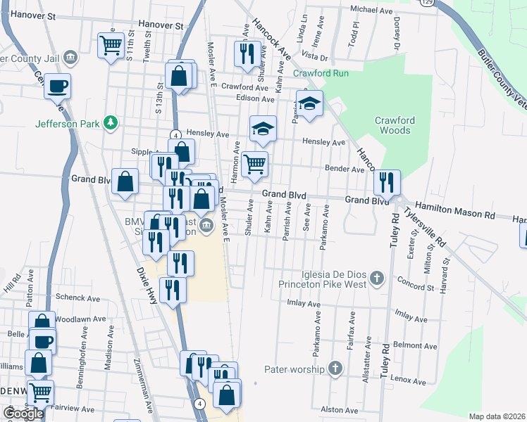 map of restaurants, bars, coffee shops, grocery stores, and more near 1430 Shuler Avenue in Hamilton
