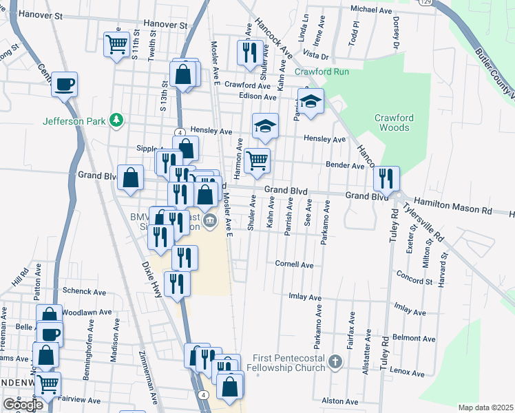 map of restaurants, bars, coffee shops, grocery stores, and more near 1430 Shuler Avenue in Hamilton
