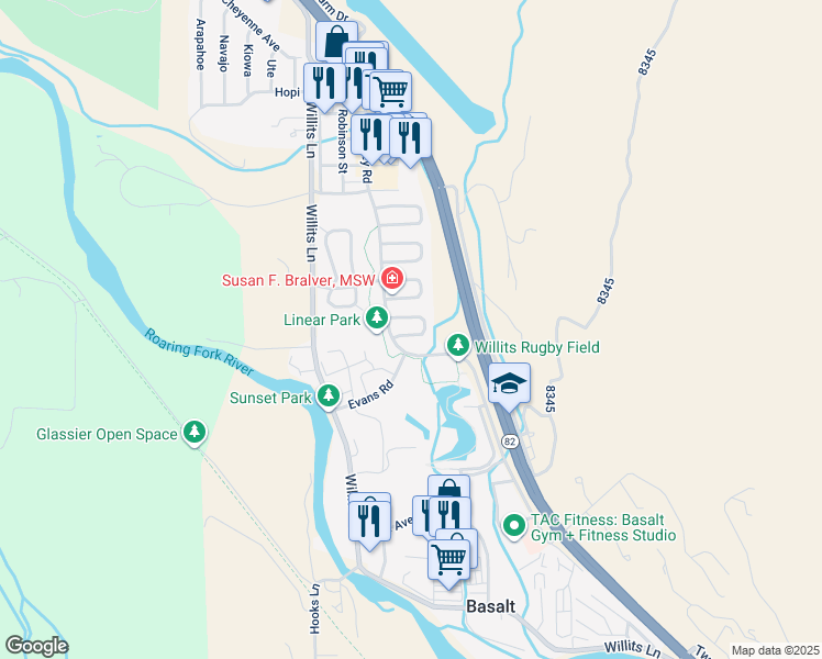 map of restaurants, bars, coffee shops, grocery stores, and more near 500-598 Lake Court in Basalt