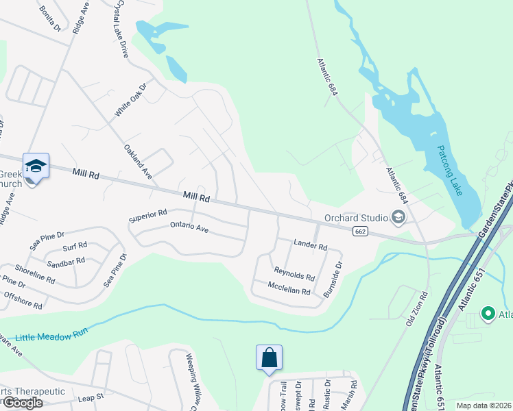 map of restaurants, bars, coffee shops, grocery stores, and more near 6572 Mill Road in Egg Harbor Township
