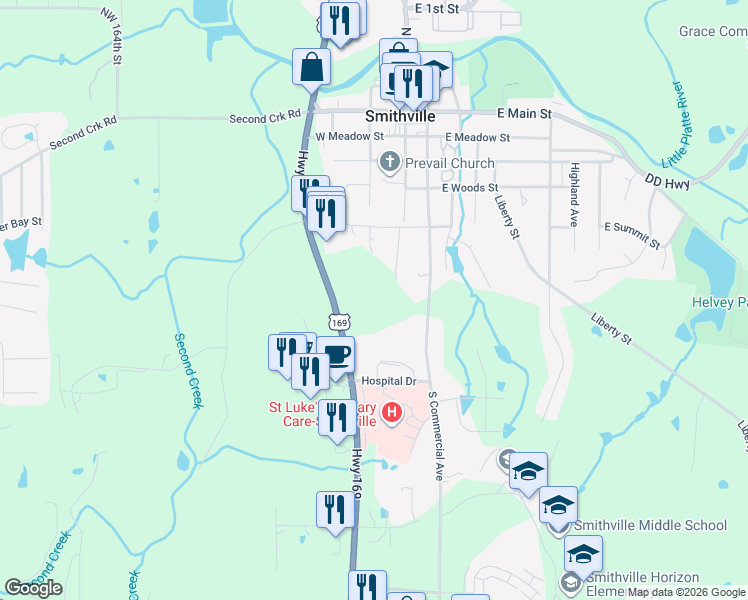 map of restaurants, bars, coffee shops, grocery stores, and more near 101 West Summit Street in Smithville