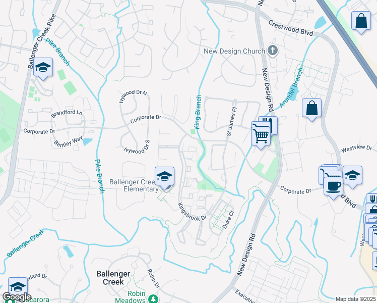 map of restaurants, bars, coffee shops, grocery stores, and more near 6998 Exeter Court in Frederick