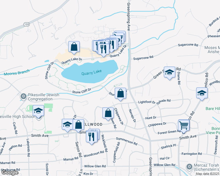 map of restaurants, bars, coffee shops, grocery stores, and more near 7002 Rock Stream Court in Baltimore