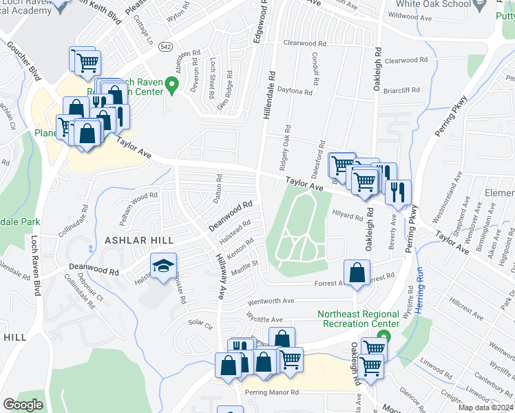 map of restaurants, bars, coffee shops, grocery stores, and more near 1389 Deanwood Road in Parkville
