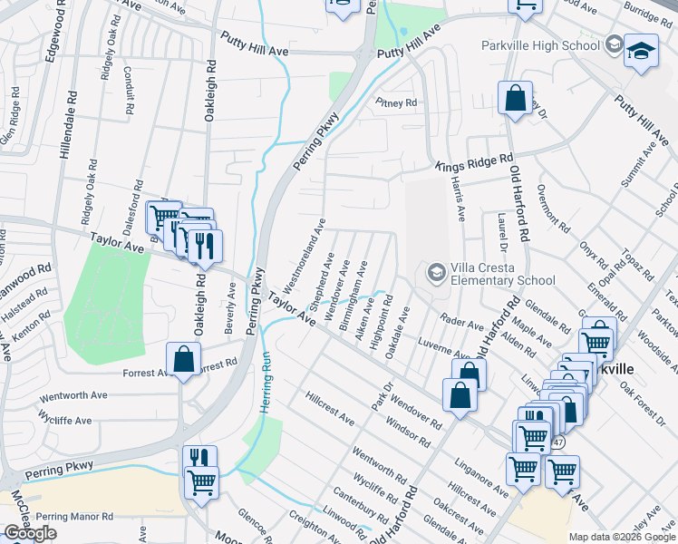 map of restaurants, bars, coffee shops, grocery stores, and more near 7830 Wendover Avenue in Parkville