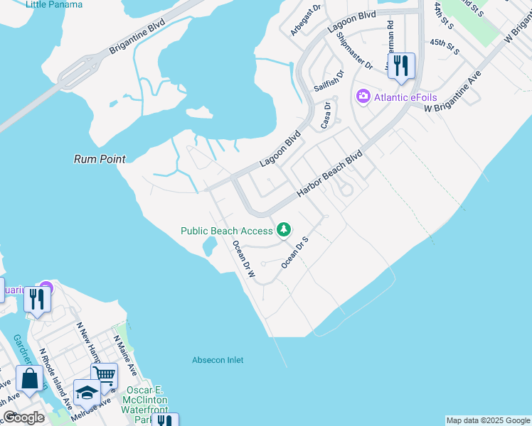 map of restaurants, bars, coffee shops, grocery stores, and more near 5205 Harbor Beach Boulevard in Brigantine