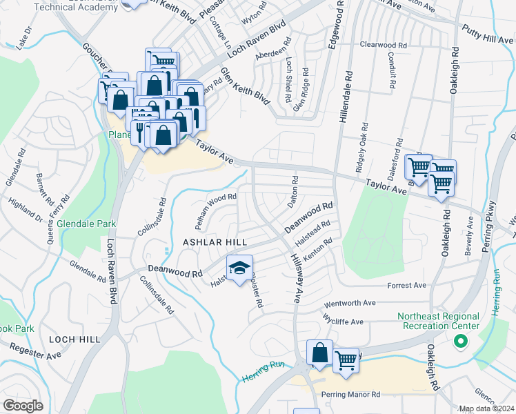 map of restaurants, bars, coffee shops, grocery stores, and more near 1309 Hillsway Court in Parkville