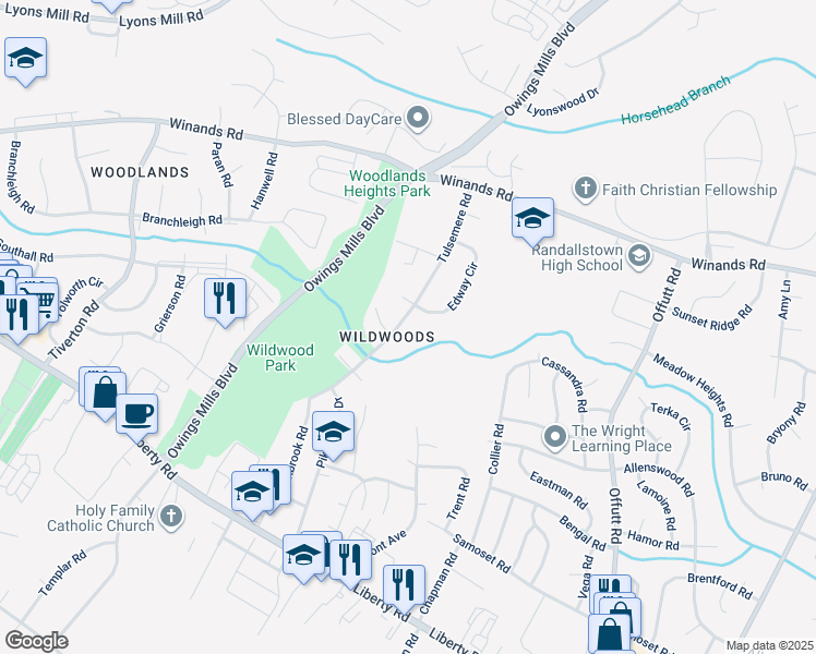 map of restaurants, bars, coffee shops, grocery stores, and more near 9403 Tulsemere Road in Randallstown