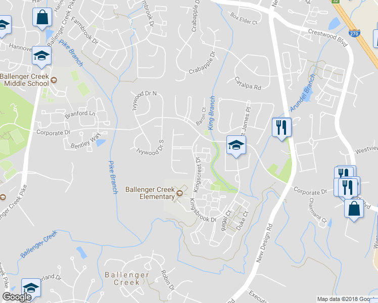 map of restaurants, bars, coffee shops, grocery stores, and more near 6917 Sovereign Place in Frederick