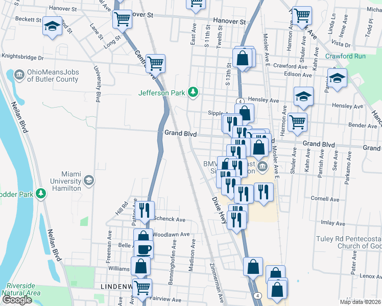 map of restaurants, bars, coffee shops, grocery stores, and more near 1529 Dixie Highway in Hamilton