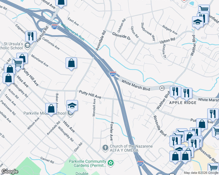 map of restaurants, bars, coffee shops, grocery stores, and more near 8811 Fearne Avenue in Parkville
