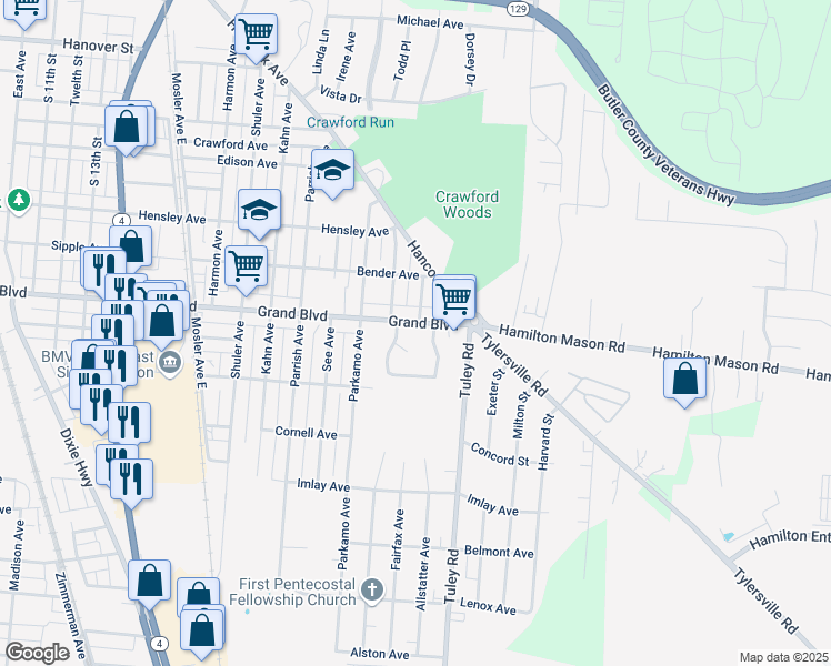 map of restaurants, bars, coffee shops, grocery stores, and more near 2301 Grand Boulevard in Hamilton