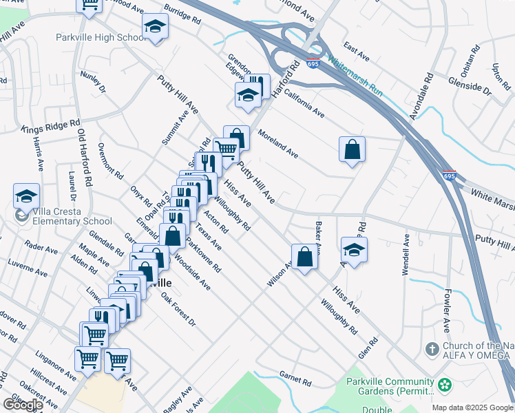 map of restaurants, bars, coffee shops, grocery stores, and more near 3018 Hiss Avenue in Parkville