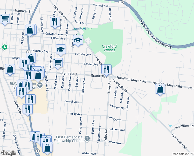 map of restaurants, bars, coffee shops, grocery stores, and more near 2301 Grand Boulevard in Hamilton