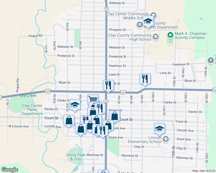 map of restaurants, bars, coffee shops, grocery stores, and more near 1203 6th Street in Clay Center