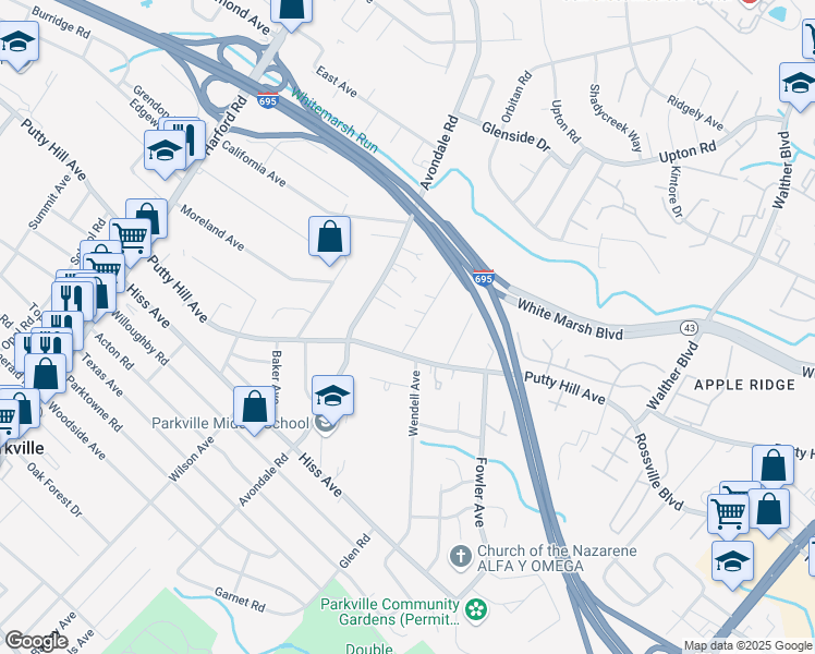 map of restaurants, bars, coffee shops, grocery stores, and more near 8812 Victory Ave in Parkville