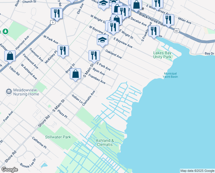 map of restaurants, bars, coffee shops, grocery stores, and more near 127 Frambes Avenue in Pleasantville