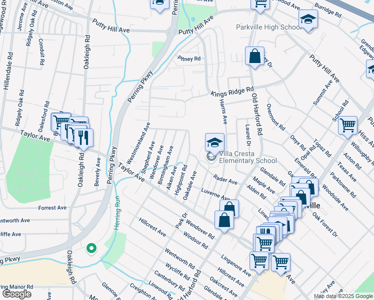 map of restaurants, bars, coffee shops, grocery stores, and more near 7922 Highpoint Road in Parkville