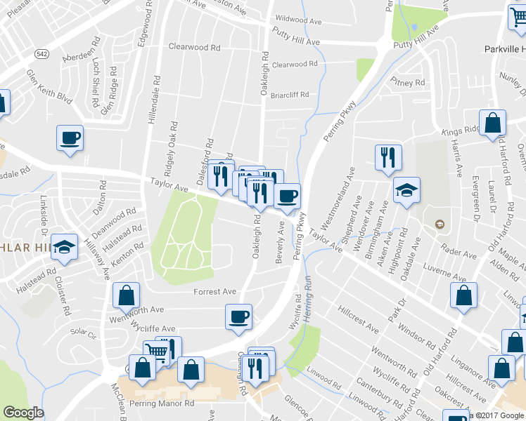 map of restaurants, bars, coffee shops, grocery stores, and more near 1803 Taylor Avenue in Parkville