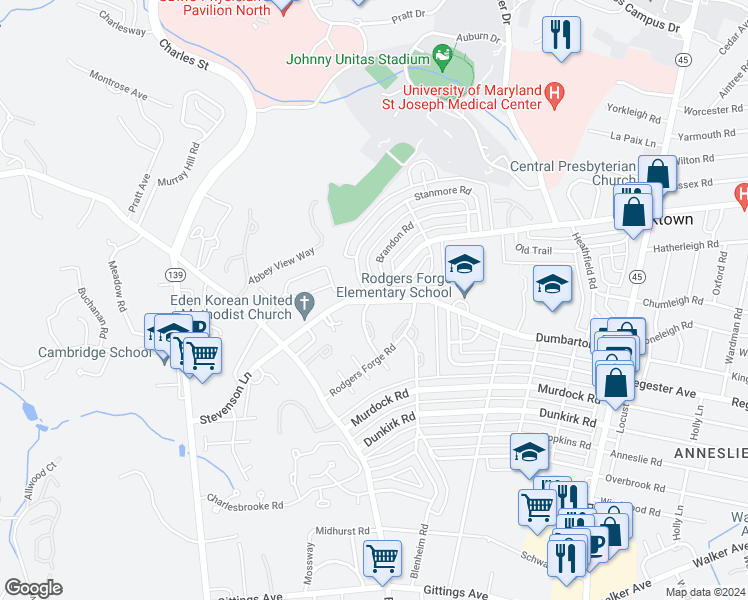 map of restaurants, bars, coffee shops, grocery stores, and more near 130 Dumbarton Road in Baltimore