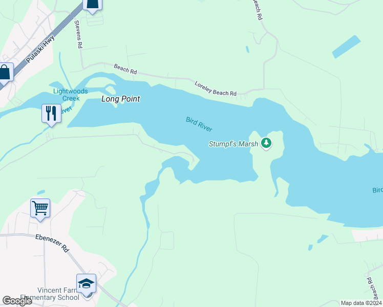 map of restaurants, bars, coffee shops, grocery stores, and more near 11310 Bird River Grove Road in White Marsh