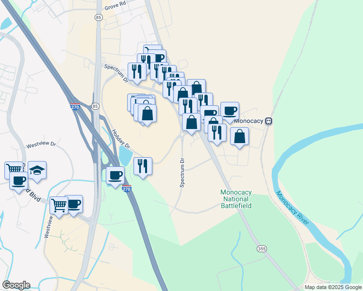 map of restaurants, bars, coffee shops, grocery stores, and more near Spectrum Drive in Frederick