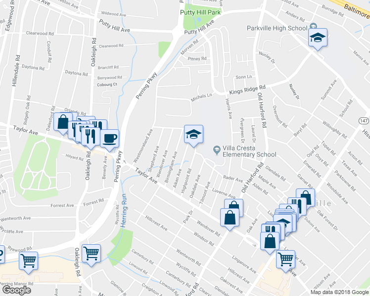 map of restaurants, bars, coffee shops, grocery stores, and more near 7912 Aiken Avenue in Parkville