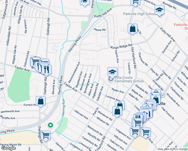 map of restaurants, bars, coffee shops, grocery stores, and more near 7912 Aiken Avenue in Parkville
