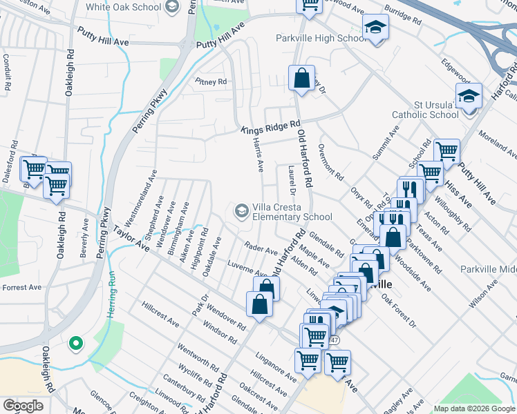 map of restaurants, bars, coffee shops, grocery stores, and more near 8104 Harris Avenue in Parkville