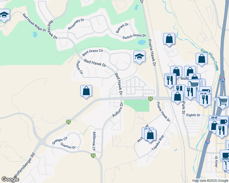 map of restaurants, bars, coffee shops, grocery stores, and more near 751 East Wolfensberger Road in Castle Rock