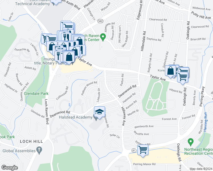 map of restaurants, bars, coffee shops, grocery stores, and more near 1304 Hillsway Court in Parkville