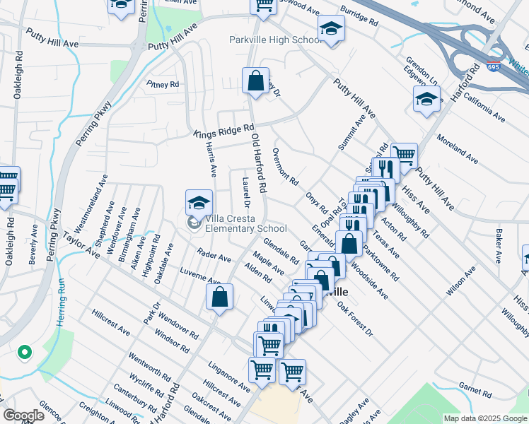 map of restaurants, bars, coffee shops, grocery stores, and more near 8204 Old Harford Road in Parkville