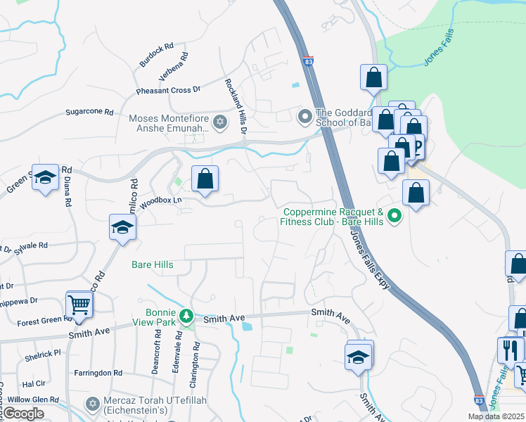 map of restaurants, bars, coffee shops, grocery stores, and more near 52 Ironwood Circle in Baltimore